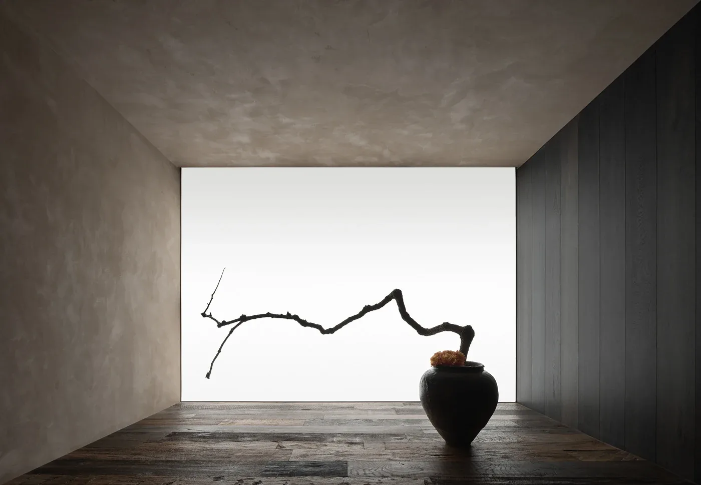 Sculptural branch and dark vessel framed by stone, timber and diffused light